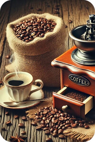 Boabe de cafea într-un sac, alături de o ceașcă și o râșniță.