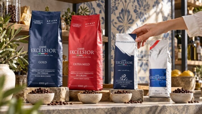 Sortimentele Caffè Excelsior Gold, Extra Mild, Radici și Gem Line pe un raft de magazin