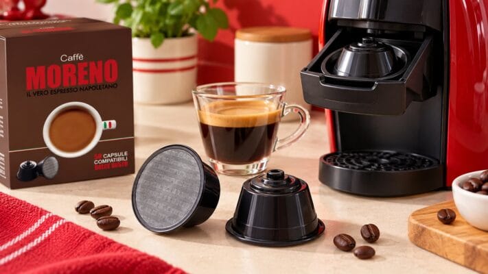 Capsule Dolce Gusto lângă un aparat de cafea și un pachet Caffè Moreno