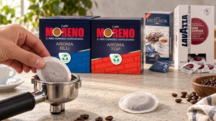 Doze E.S.E. din hârtie, de 44 mm: Moreno Aroma Blue și Aroma Top (50 buc.), Excelsior Gold și Lavazza Gran Espresso